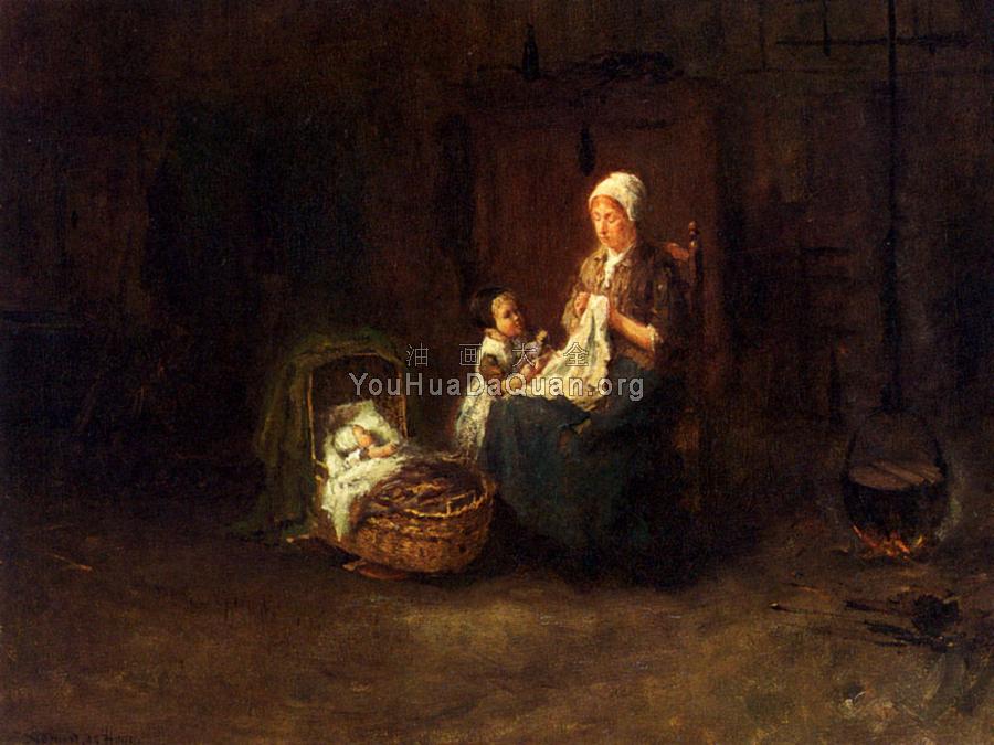 A Mother And Her Children In An Interior - 伯纳德·德·胡格